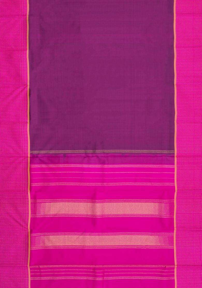 Dark Purple Handloom Kanchipuram Silk Saree With Contrast Magenta Border With Traditional Woven Design For Women - Indya