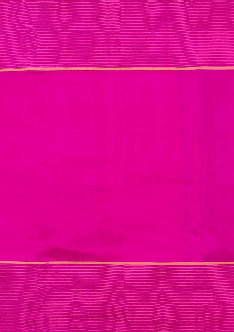 Dark Purple Handloom Kanchipuram Silk Saree With Contrast Magenta Border With Traditional Woven Design For Women - Indya
