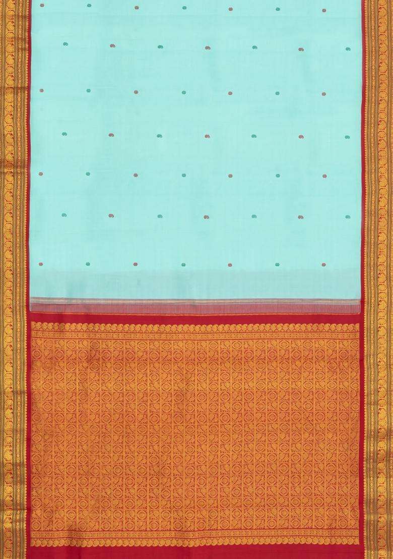 Turquoise Handloom Korvai Kanchipuram Silk Saree With Buttas Contrast Border With Korvai And Temple Border Design For Women - Indya