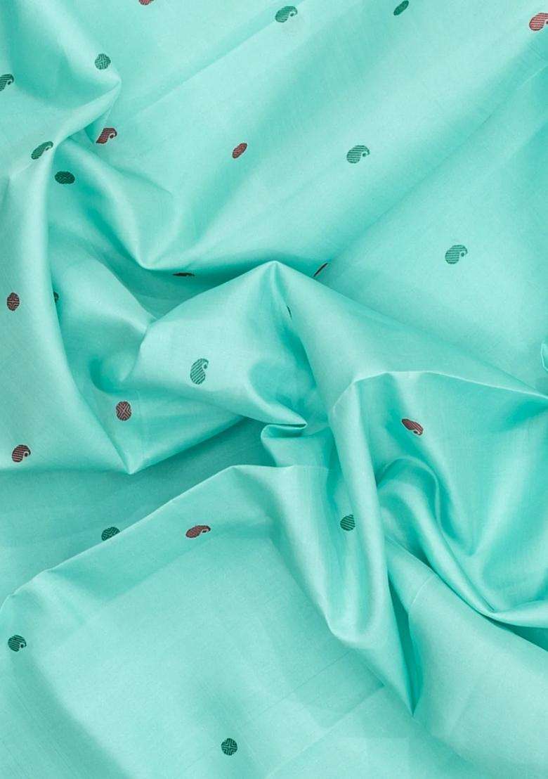 Turquoise Handloom Korvai Kanchipuram Silk Saree With Buttas Contrast Border With Korvai And Temple Border Design For Women - Indya