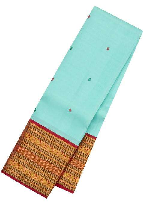 Turquoise Handloom Korvai Kanchipuram Silk Saree With Buttas Contrast Border With Korvai And Temple Border Design For Women
