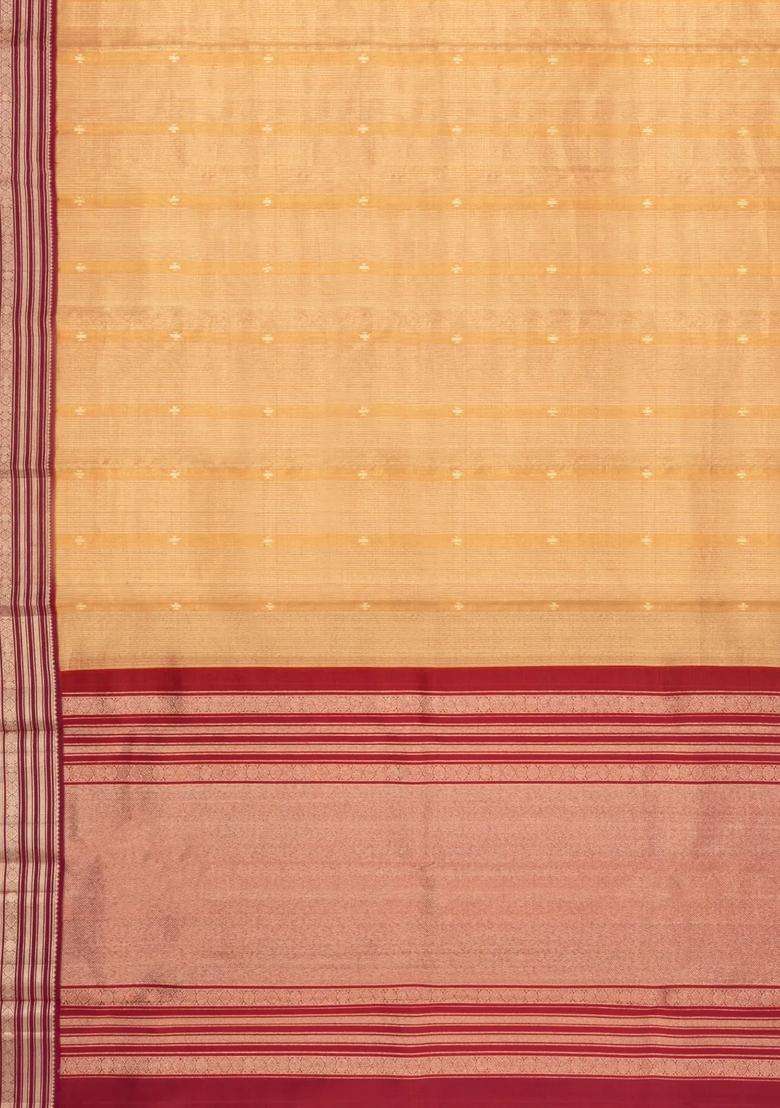 Gold Handloom Korvai Kanchipuram Silk Saree With Stripes With Korvai And Temple Border Design For Women - Indya