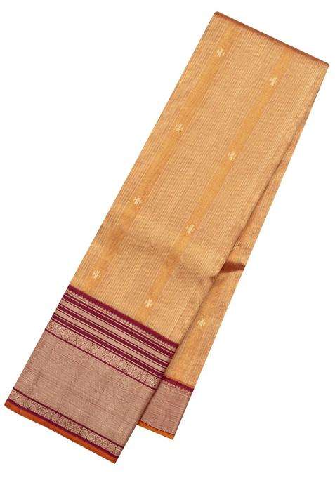 Gold Handloom Korvai Kanchipuram Silk Saree With Stripes With Korvai And Temple Border Design For Women