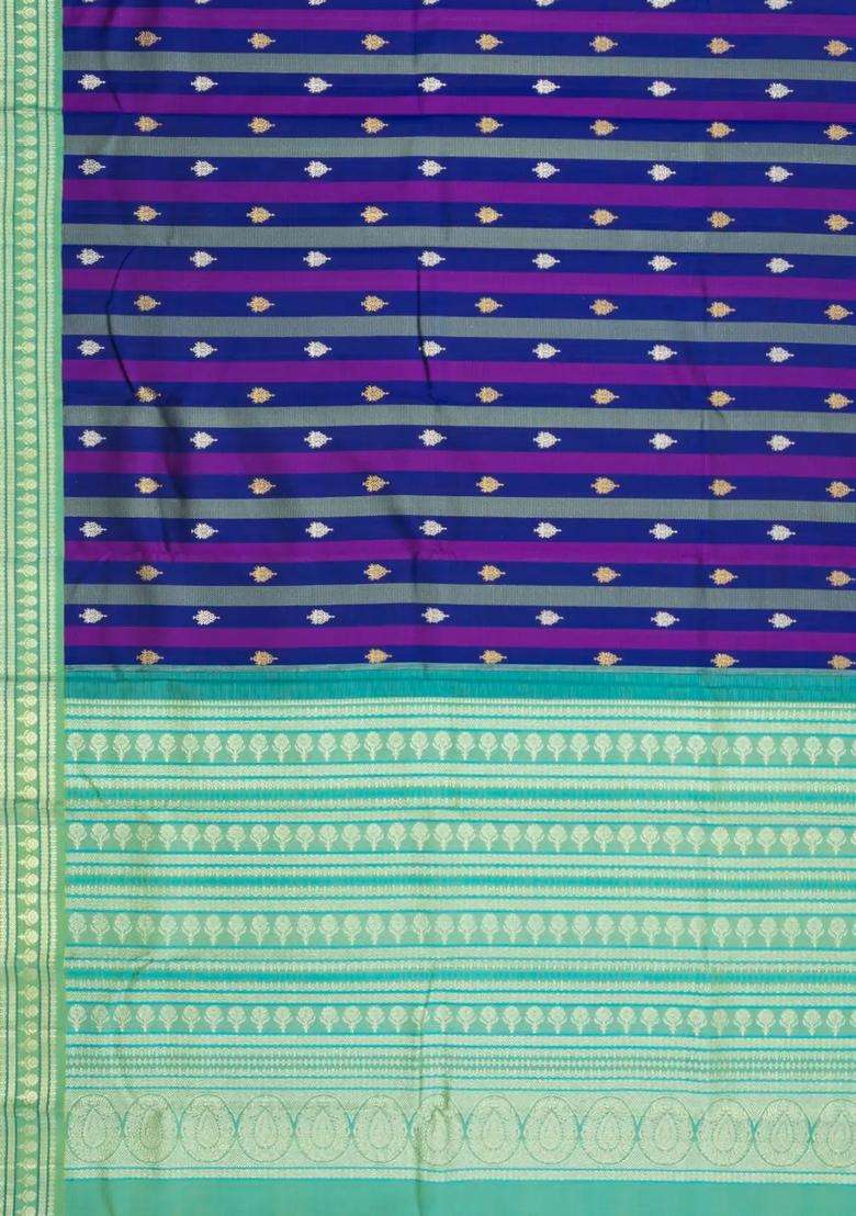 Multi Colour Handloom Korvai Kanchipuram Silk Saree With Stripes Buttas With Korvai And Temple Border Design For Women - Indya