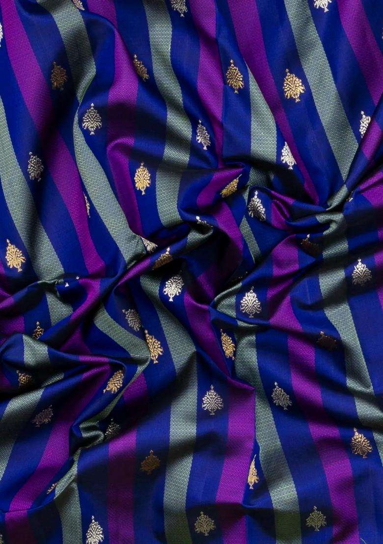 Multi Colour Handloom Korvai Kanchipuram Silk Saree With Stripes Buttas With Korvai And Temple Border Design For Women - Indya