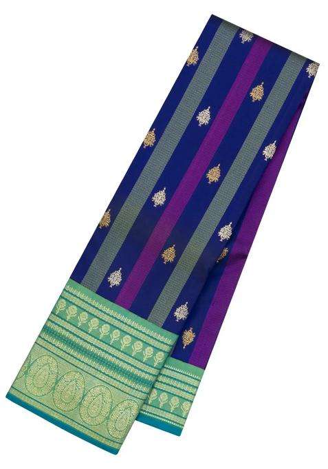 Multi Colour Handloom Korvai Kanchipuram Silk Saree With Stripes Buttas With Korvai And Temple Border Design For Women