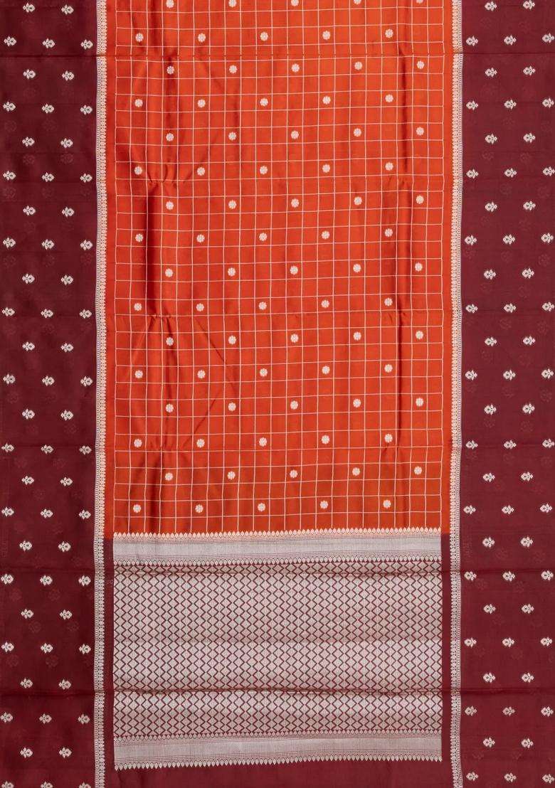 Rust Woven Banarasi Poona Silk Saree With Checks Buttas With Buttas And Brocade Design For Women - Indya