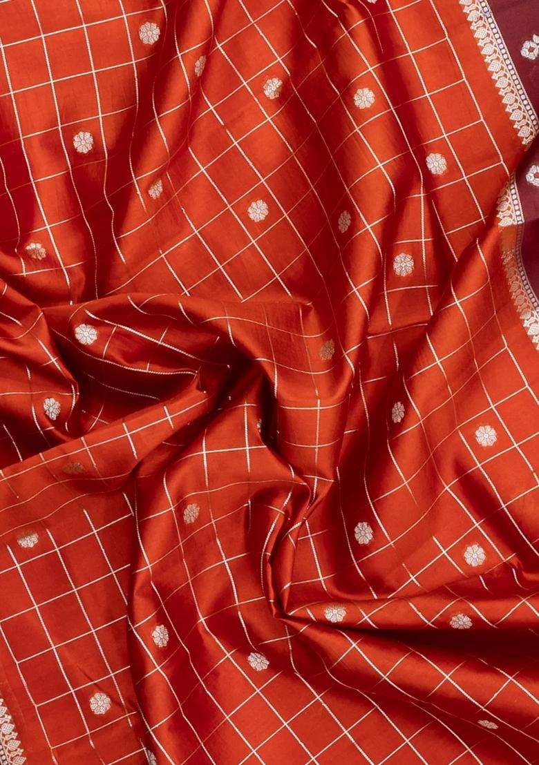Rust Woven Banarasi Poona Silk Saree With Checks Buttas With Buttas And Brocade Design For Women - Indya