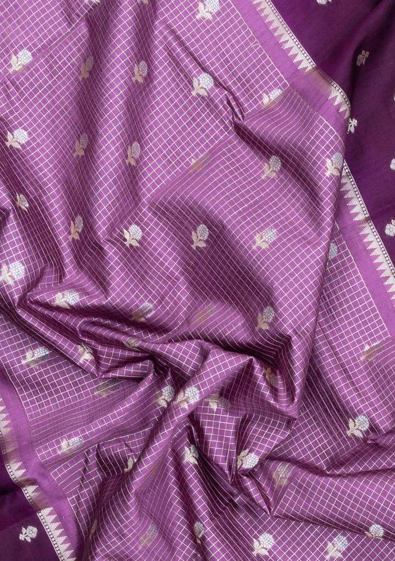 Lavander Lavender Woven Banarasi Poona Silk Saree With Checks Buttas With Buttas And Brocade Design For Women - Indya