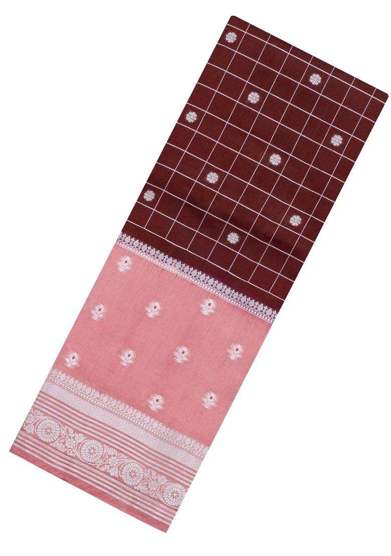 Maroon Woven Banarasi Poona Silk Saree With Checks Buttas With Buttas And Brocade Design For Women - Indya