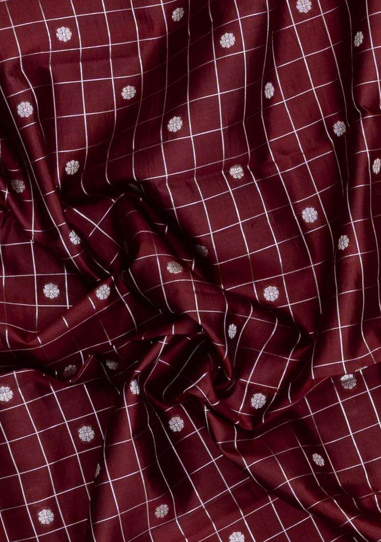 Maroon Woven Banarasi Poona Silk Saree With Checks Buttas With Buttas And Brocade Design For Women - Indya