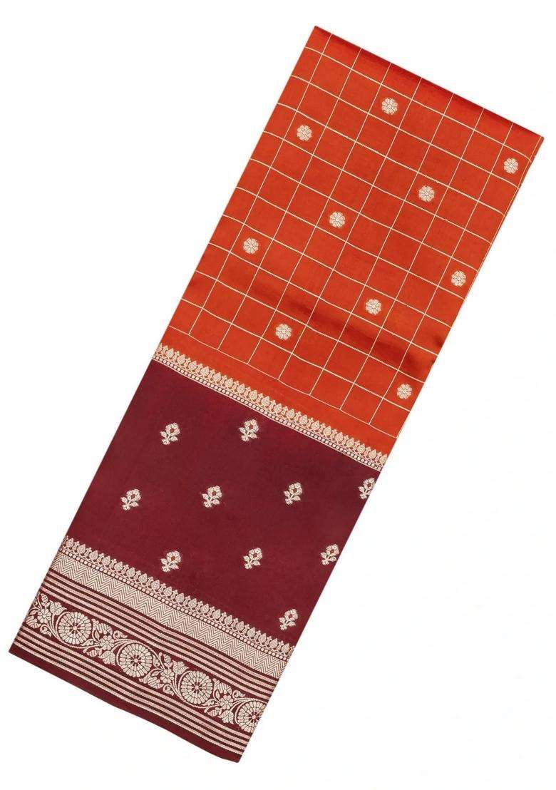 Orange Woven Banarasi Poona Silk Saree With Checks Buttas With Buttas And Brocade Design For Women - Indya