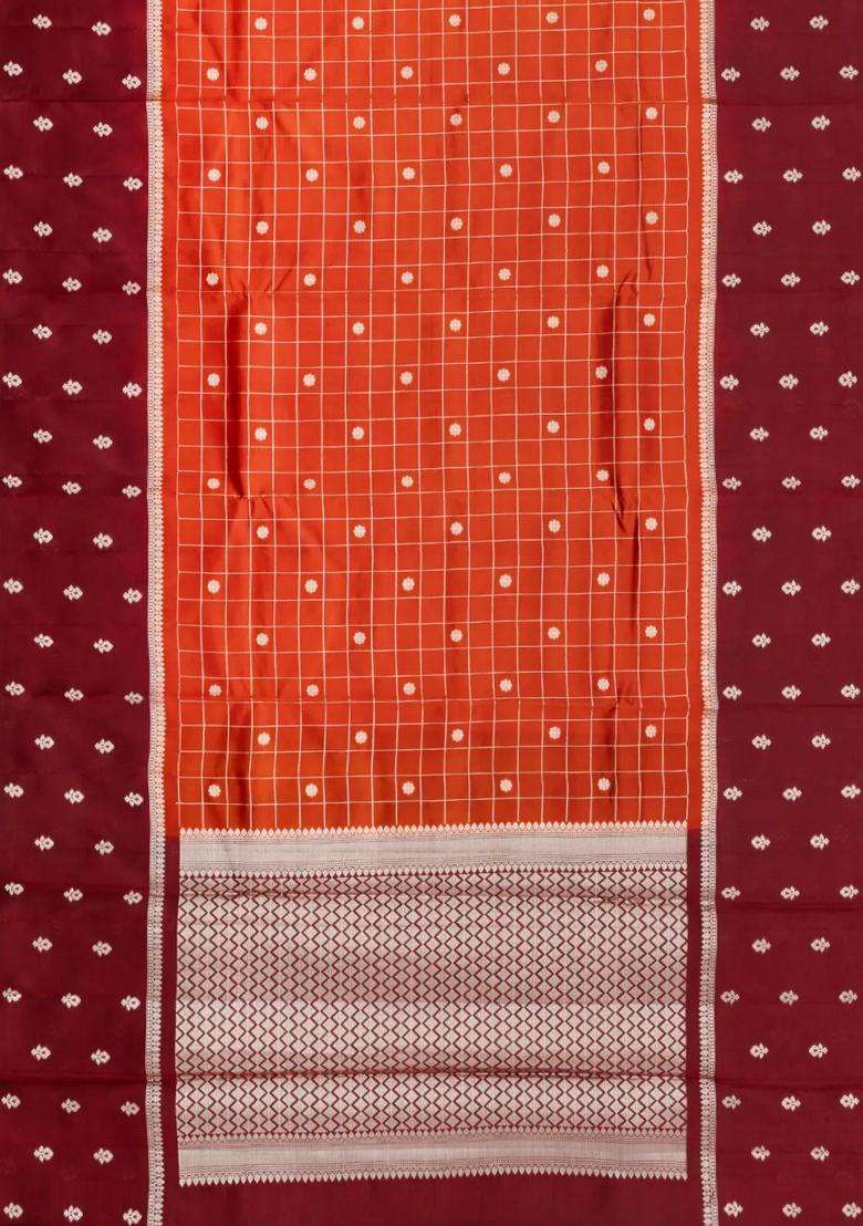 Orange Woven Banarasi Poona Silk Saree With Checks Buttas With Buttas And Brocade Design For Women - Indya