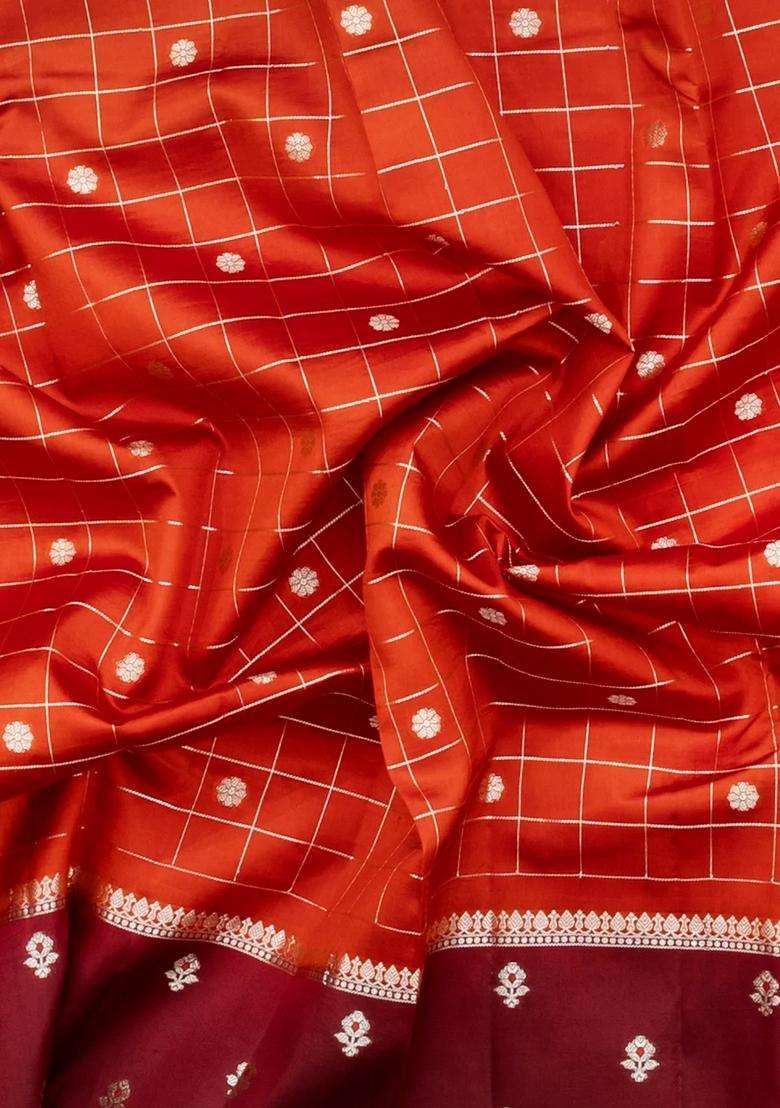 Orange Woven Banarasi Poona Silk Saree With Checks Buttas With Buttas And Brocade Design For Women - Indya