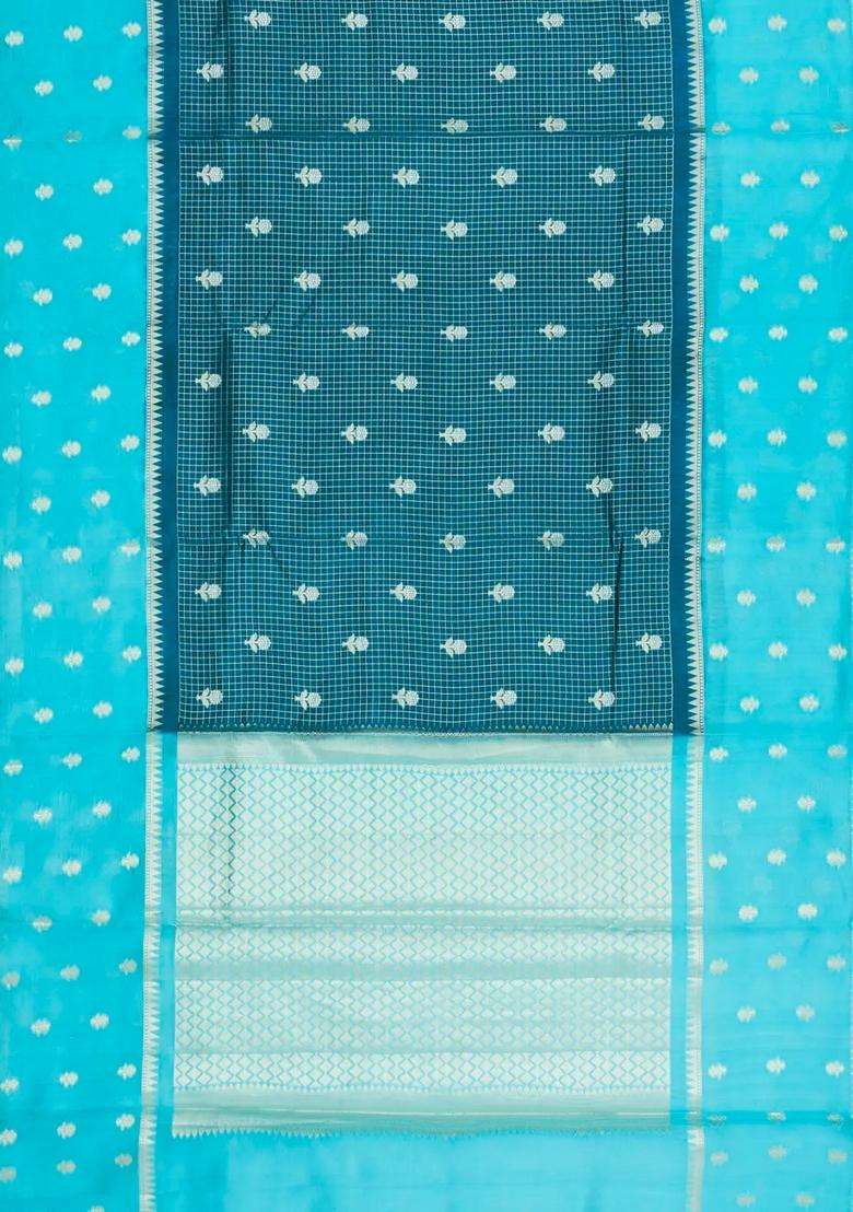 Teal Woven Banarasi Poona Silk Saree With Checks Buttas With Buttas And Brocade Design For Women - Indya