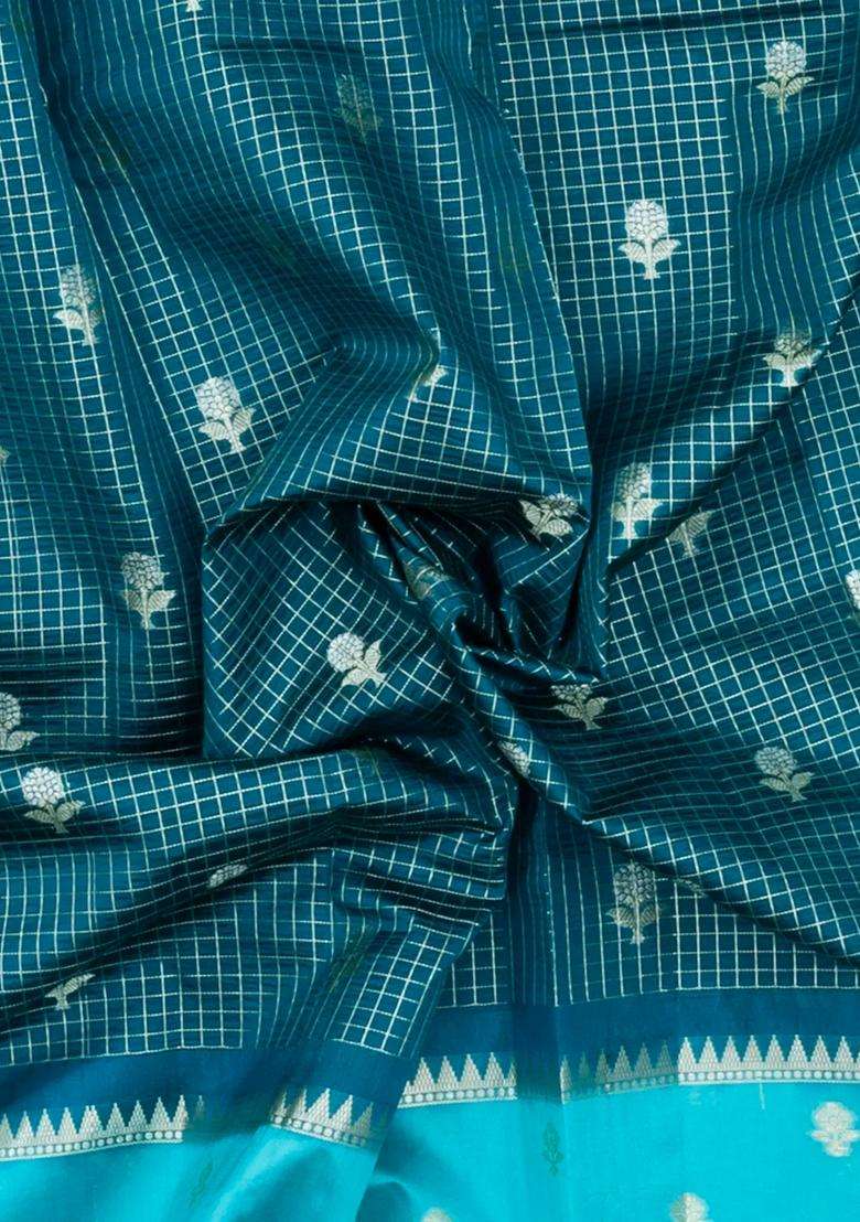 Teal Woven Banarasi Poona Silk Saree With Checks Buttas With Buttas And Brocade Design For Women - Indya