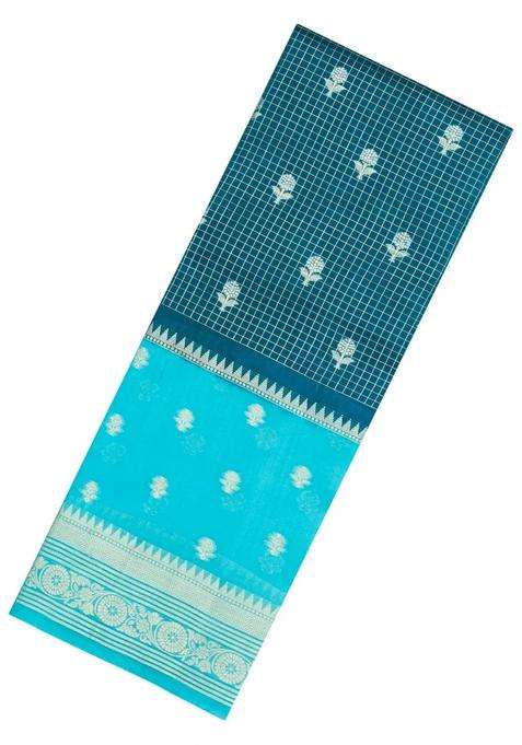 Teal Woven Banarasi Poona Silk Saree With Checks Buttas With Buttas And Brocade Design For Women