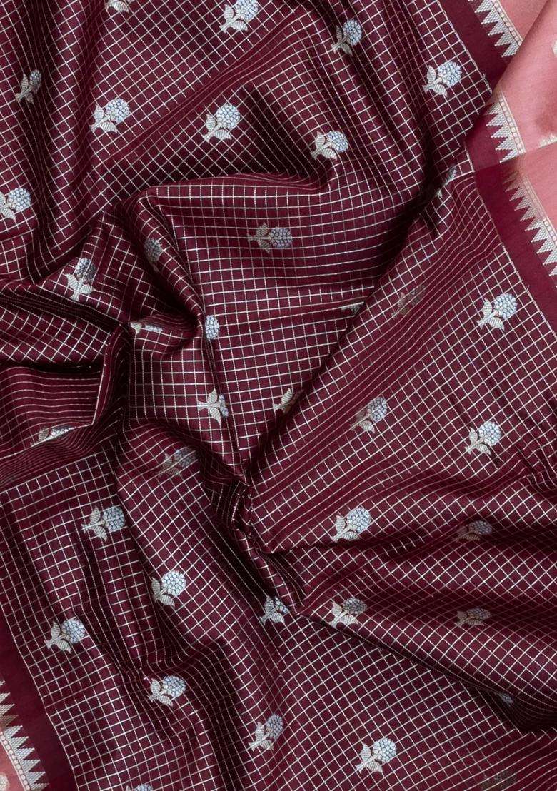 Dark Brown Woven Banarasi Poona Silk Saree With Checks Buttas With Buttas And Brocade Design For Women - Indya