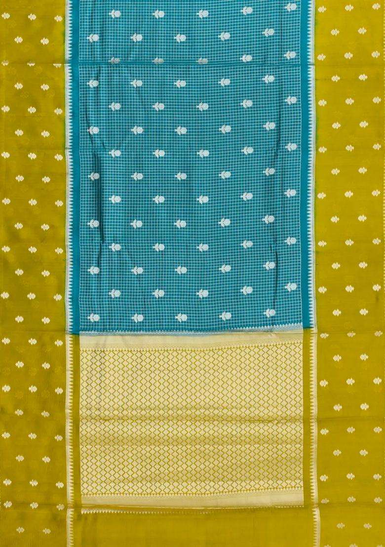 Sea Green Woven Banarasi Poona Silk Saree With Checks Buttas With Buttas And Brocade Design For Women - Indya