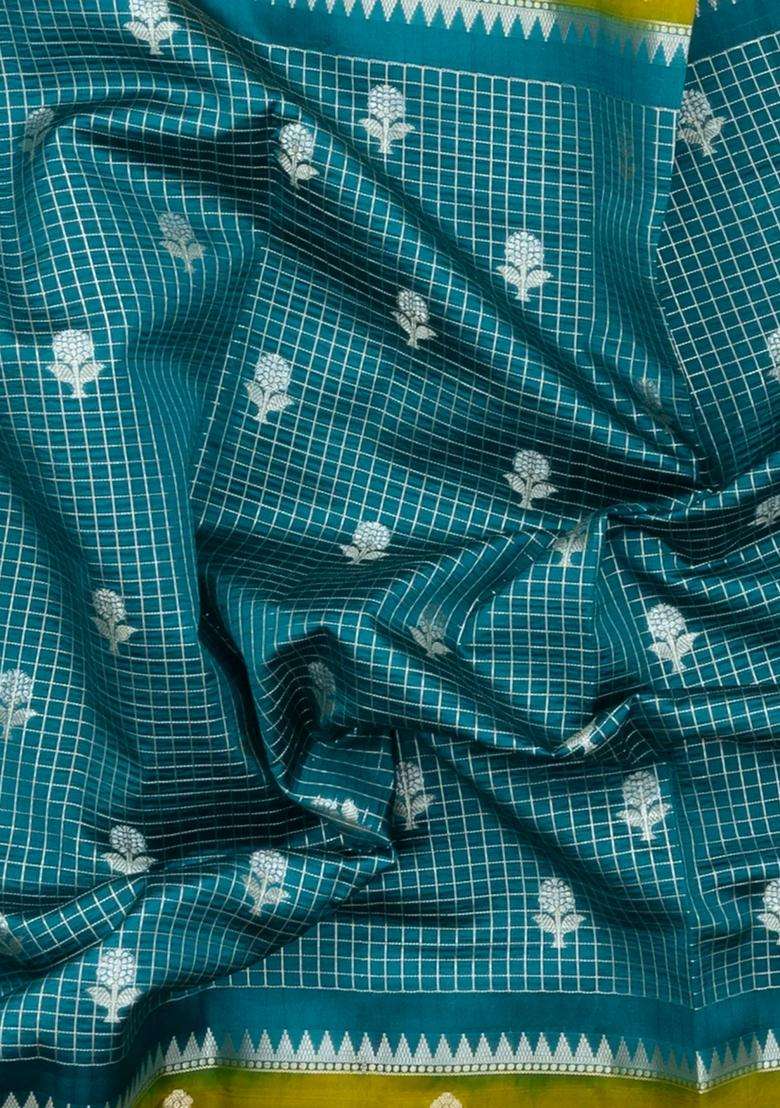 Sea Green Woven Banarasi Poona Silk Saree With Checks Buttas With Buttas And Brocade Design For Women - Indya