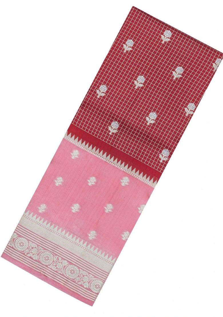 Crimson Woven Banarasi Poona Silk Saree With Checks Buttas With Buttas And Brocade Design For Women - Indya