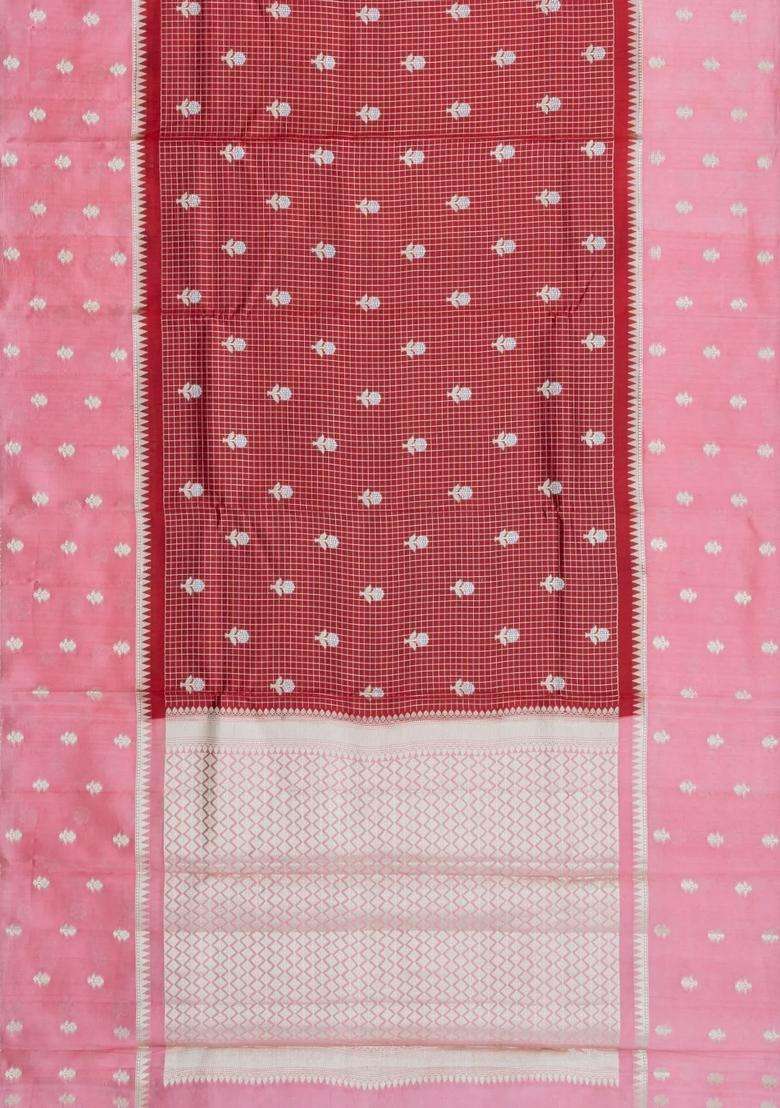 Crimson Woven Banarasi Poona Silk Saree With Checks Buttas With Buttas And Brocade Design For Women - Indya