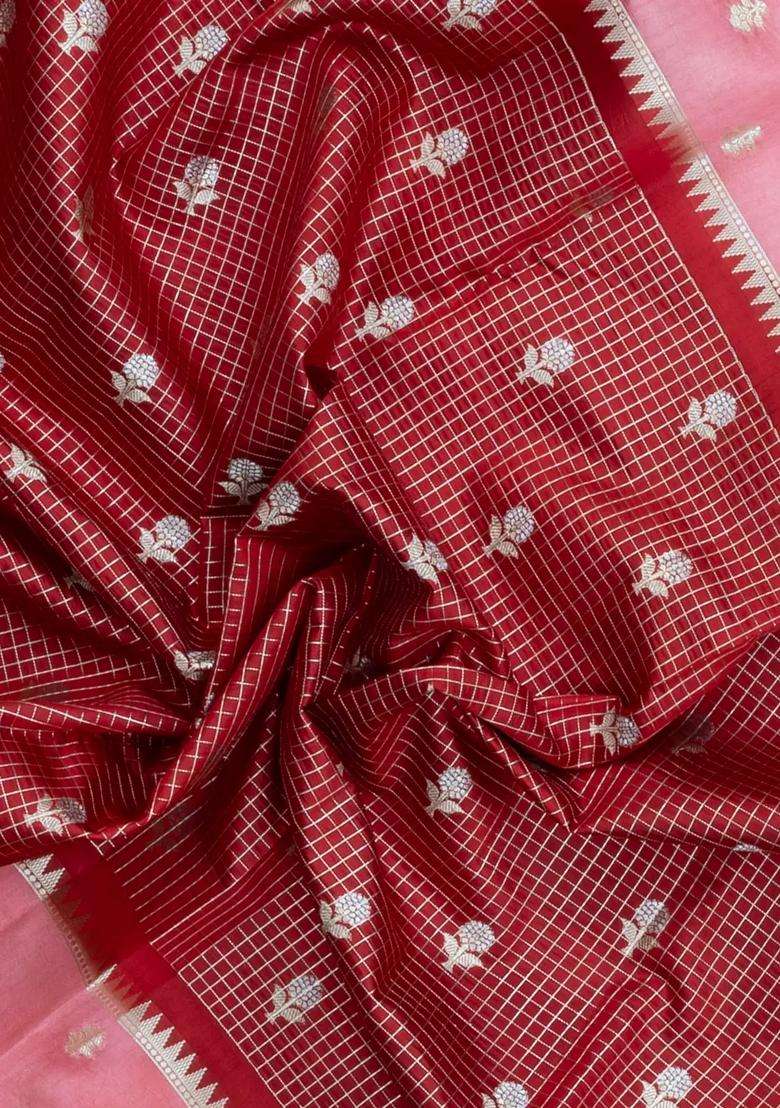 Crimson Woven Banarasi Poona Silk Saree With Checks Buttas With Buttas And Brocade Design For Women - Indya