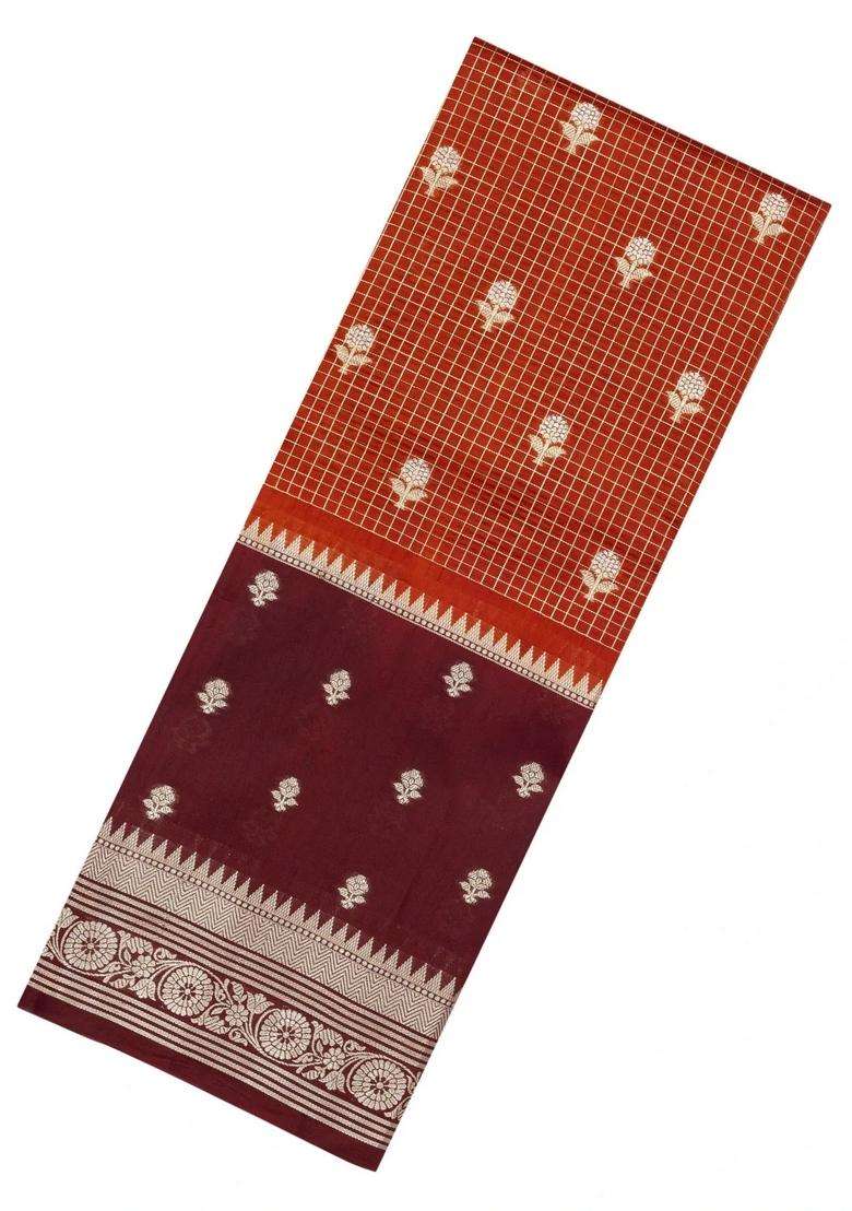 Rust Woven Banarasi Poona Silk Saree With Checks Buttas With Buttas And Brocade Design For Women - Indya