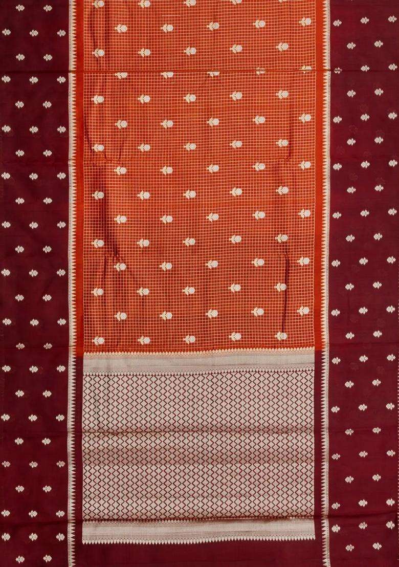 Rust Woven Banarasi Poona Silk Saree With Checks Buttas With Buttas And Brocade Design For Women - Indya