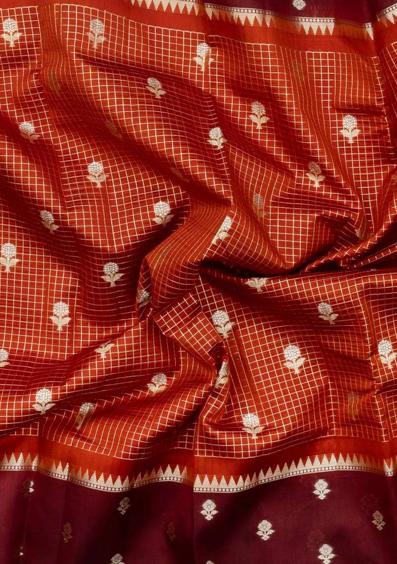 Rust Woven Banarasi Poona Silk Saree With Checks Buttas With Buttas And Brocade Design For Women - Indya