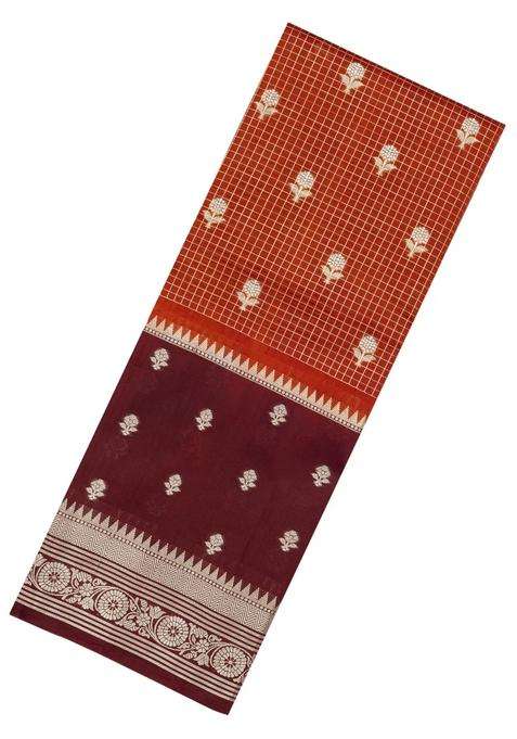 Rust Woven Banarasi Poona Silk Saree With Checks Buttas With Buttas And Brocade Design For Women