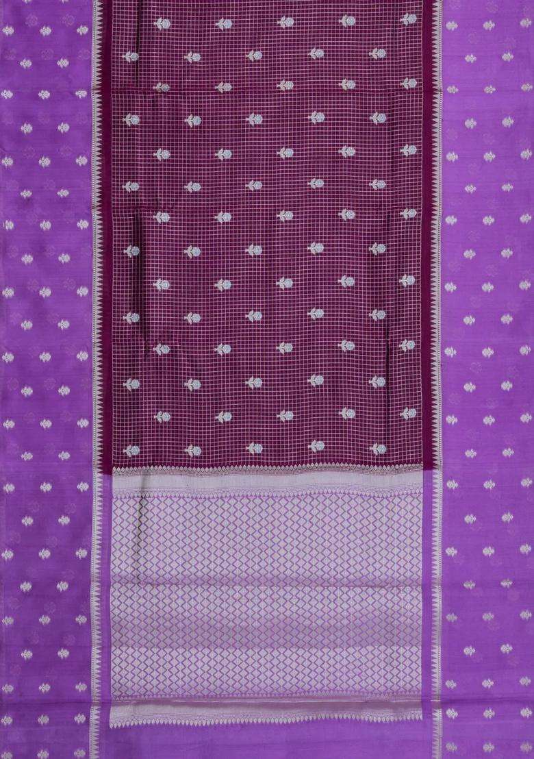 Burgundy Woven Banarasi Poona Silk Saree With Checks Buttas With Buttas And Brocade Design For Women - Indya