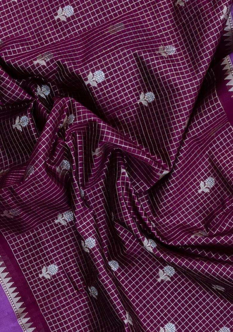 Burgundy Woven Banarasi Poona Silk Saree With Checks Buttas With Buttas And Brocade Design For Women - Indya