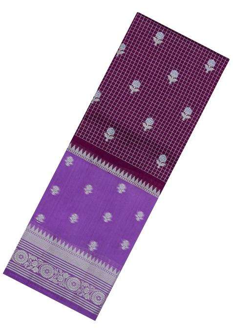 Burgundy Woven Banarasi Poona Silk Saree With Checks Buttas With Buttas And Brocade Design For Women