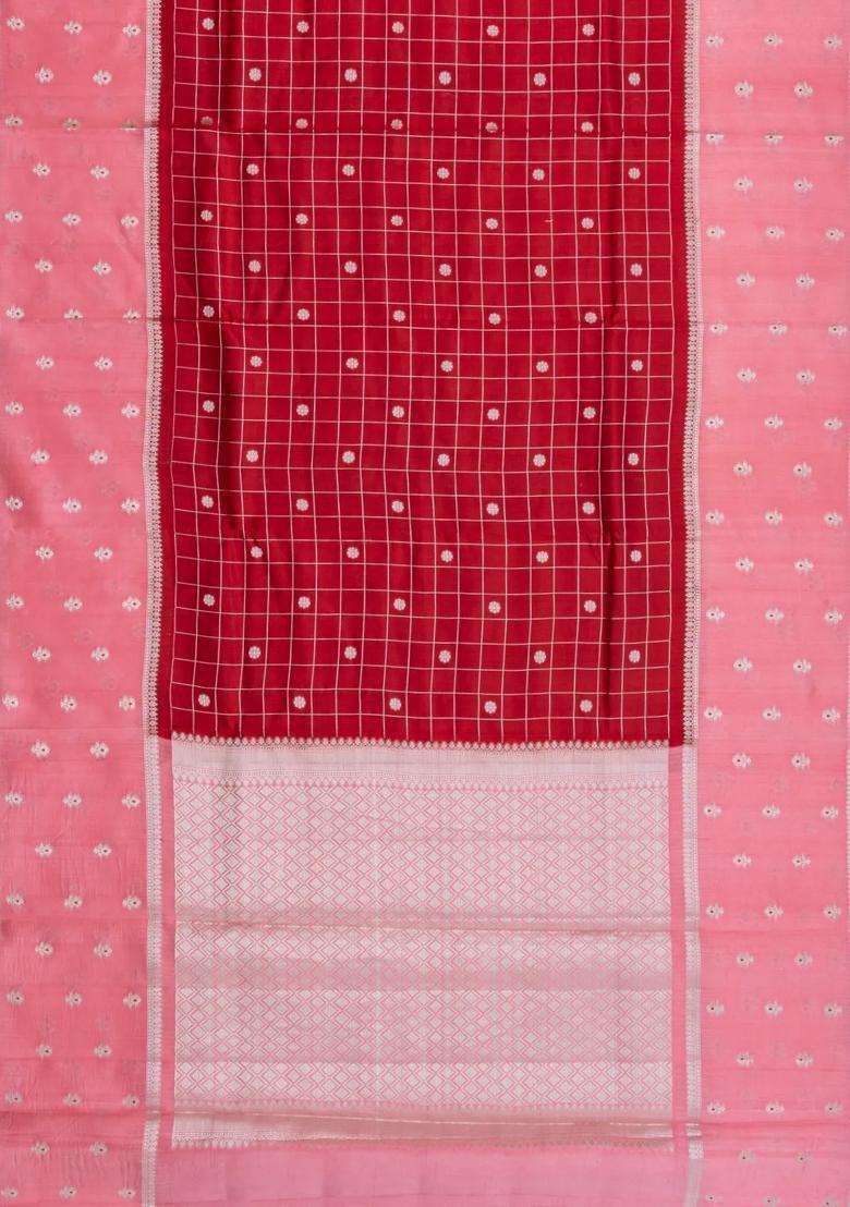 Red Woven Banarasi Poona Silk Saree With Checks Buttas With Buttas And Brocade Design For Women - Indya