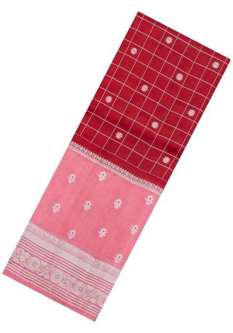 Red Woven Banarasi Poona Silk Saree With Checks Buttas With Buttas And Brocade Design For Women