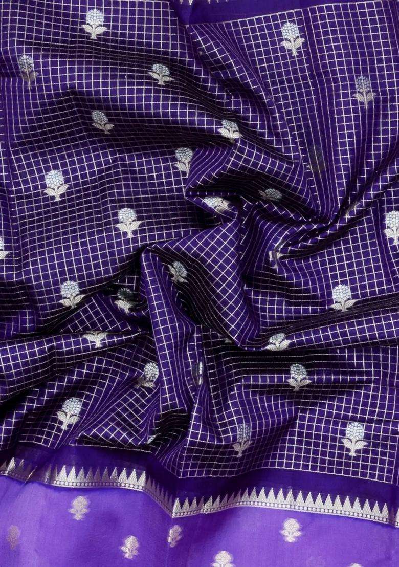 Purple Woven Banarasi Poona Silk Saree With Checks Buttas With Buttas And Brocade Design For Women - Indya