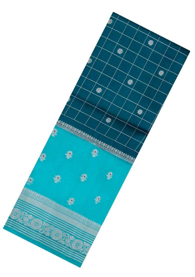 Teal Woven Banarasi Poona Silk Saree With Checks Buttas With Buttas And Brocade Design For Women - Indya