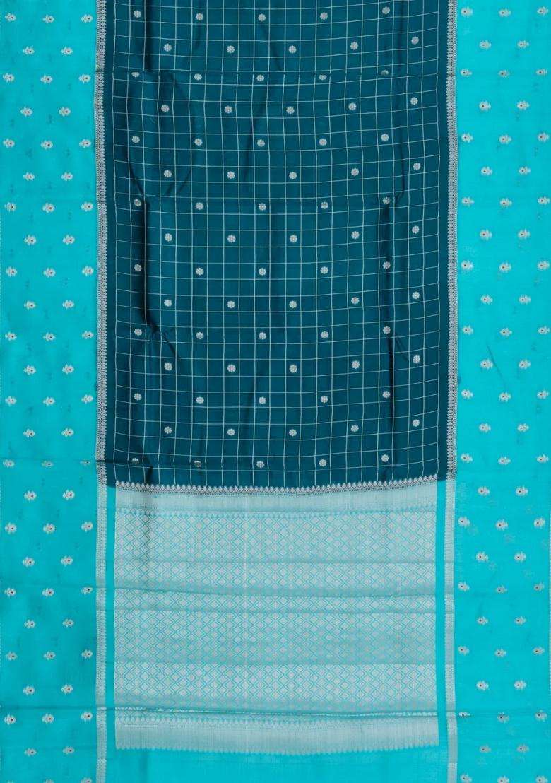 Teal Woven Banarasi Poona Silk Saree With Checks Buttas With Buttas And Brocade Design For Women - Indya