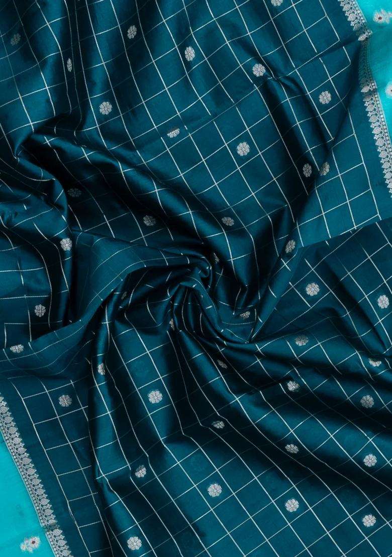 Teal Woven Banarasi Poona Silk Saree With Checks Buttas With Buttas And Brocade Design For Women - Indya