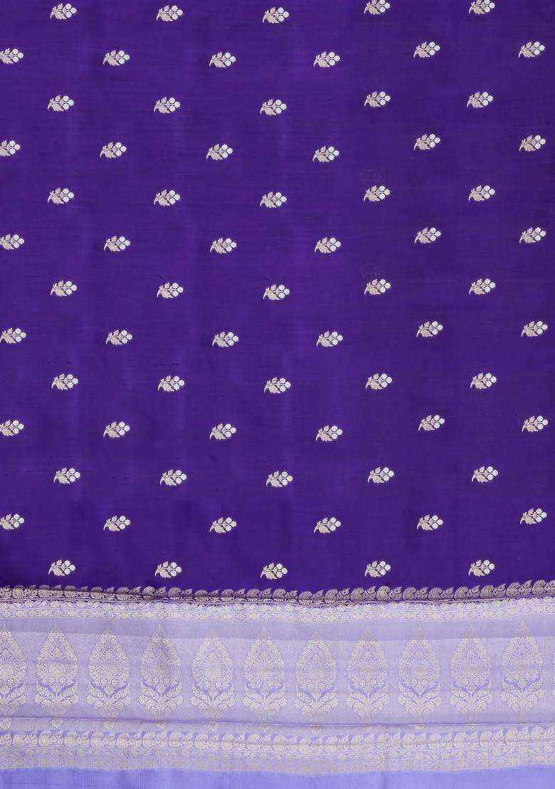 Violet Woven Banarasi Poona Silk Saree With Zari Buttas Contrast Border With Buttas And Brocade Design For Women - Indya