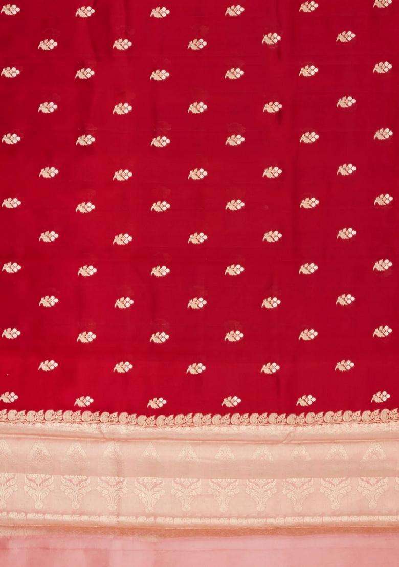 Red Woven Banarasi Poona Silk Saree With Zari Buttas Contrast Border With Buttas And Brocade Design For Women - Indya