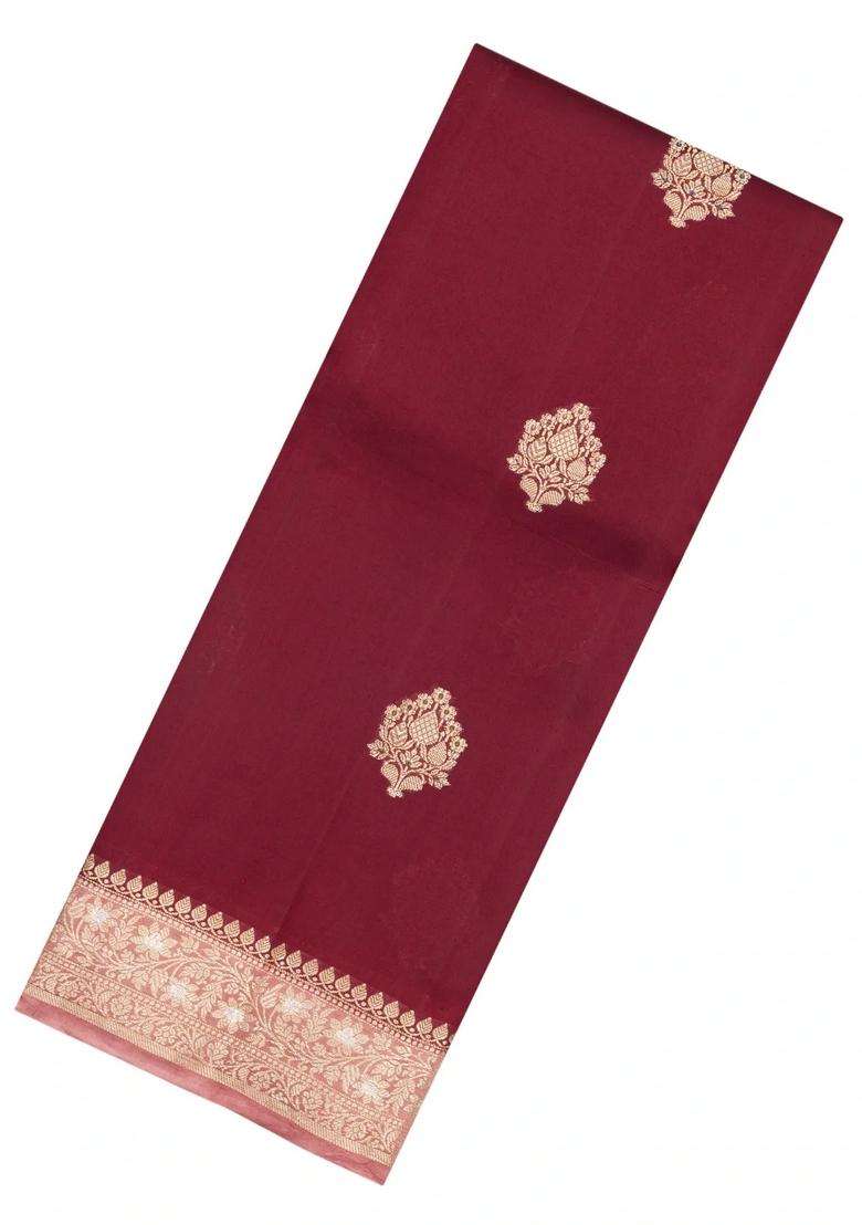 Crimson Woven Banarasi Poona Silk Saree With Zari Buttas Contrast Border With Buttas And Brocade Design For Women - Indya