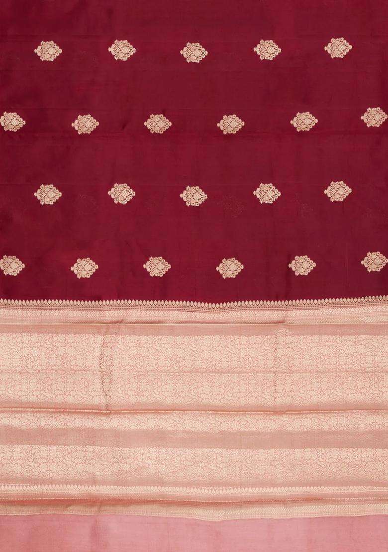 Crimson Woven Banarasi Poona Silk Saree With Zari Buttas Contrast Border With Buttas And Brocade Design For Women - Indya