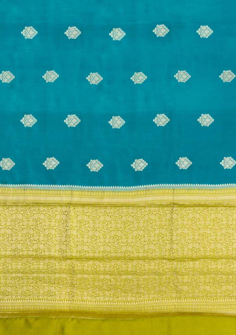 Cyan Woven Banarasi Poona Silk Saree With Zari Buttas Contrast Border With Buttas And Brocade Design For Women - Indya