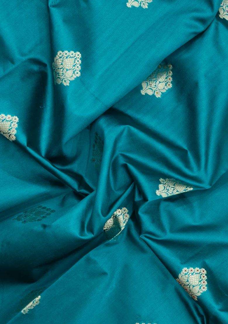 Cyan Woven Banarasi Poona Silk Saree With Zari Buttas Contrast Border With Buttas And Brocade Design For Women - Indya