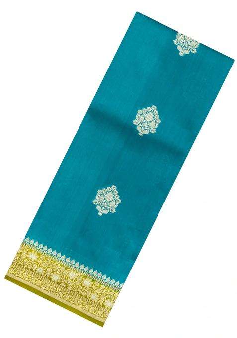 Cyan Woven Banarasi Poona Silk Saree With Zari Buttas Contrast Border With Buttas And Brocade Design For Women