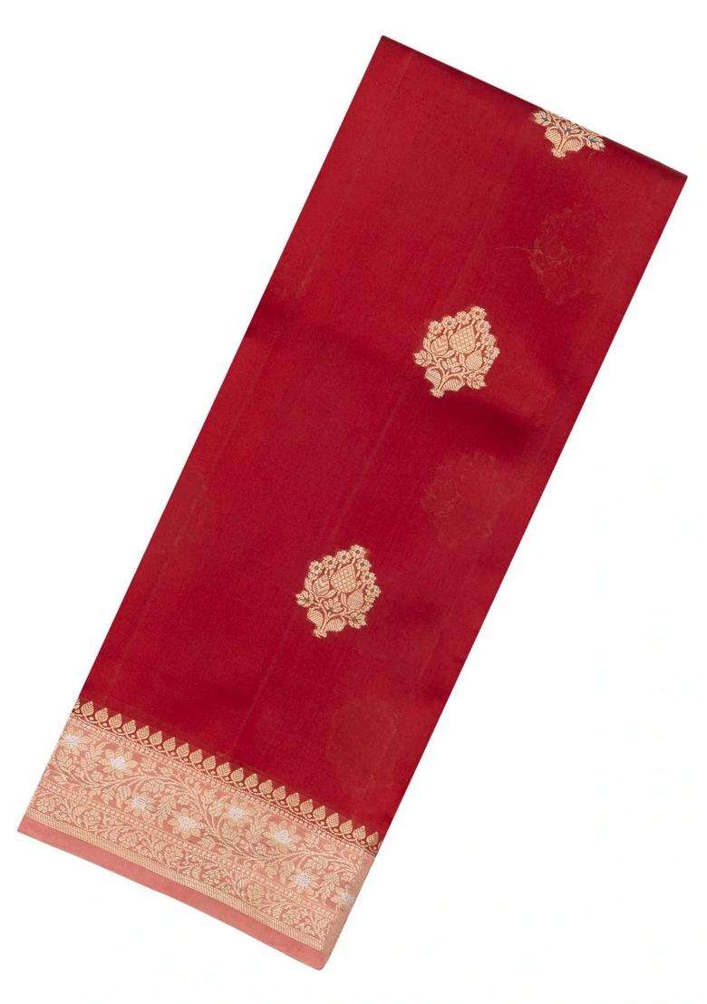 Red Woven Banarasi Poona Silk Saree With Zari Buttas Contrast Border With Buttas And Brocade Design For Women - Indya