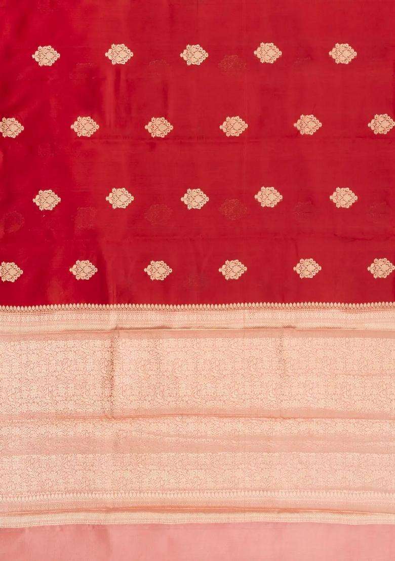 Red Woven Banarasi Poona Silk Saree With Zari Buttas Contrast Border With Buttas And Brocade Design For Women - Indya