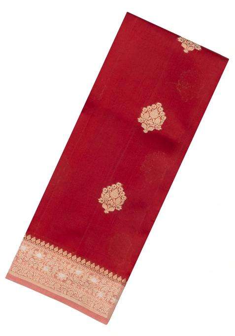 Red Woven Banarasi Poona Silk Saree With Zari Buttas Contrast Border With Buttas And Brocade Design For Women
